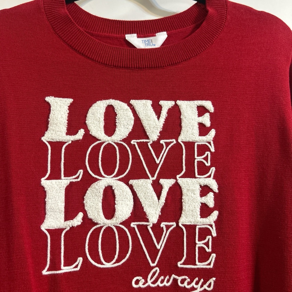 Cozy red valentine sweater knit light embroidered crew romantic
